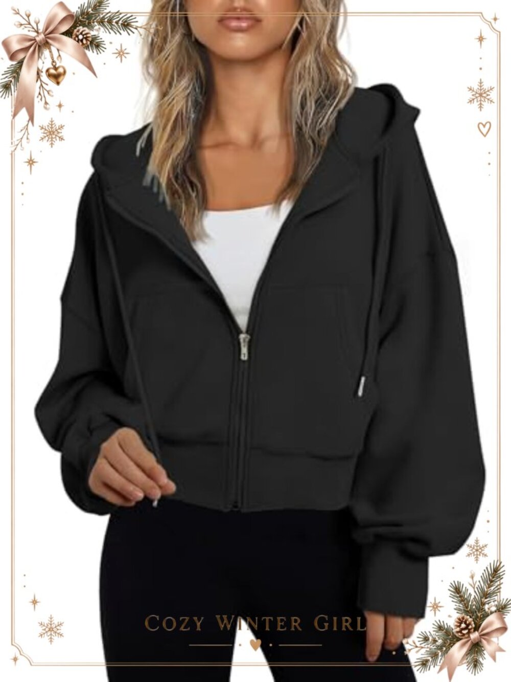 Oversized Cropped Zip Up Hoodie Drop Shoulder Pockets Womens Fall Sweatshirt